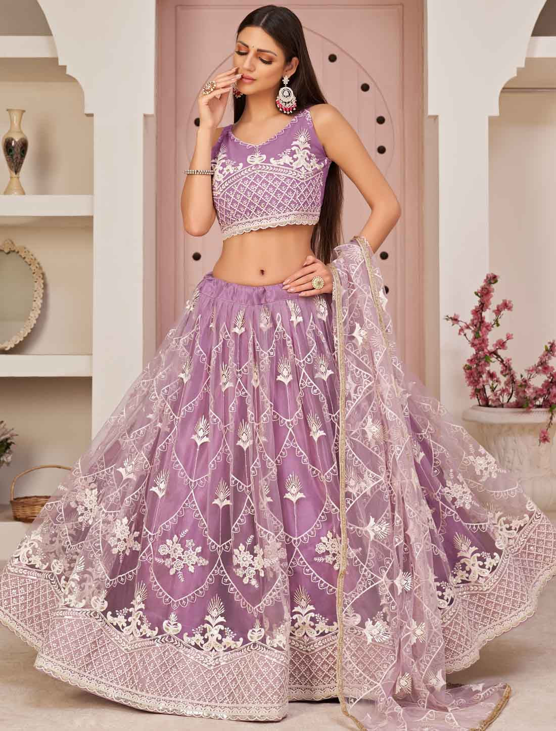 Designer Mono Net Zari Embroidery And Diamond Un-Stitched Lehenga Choli