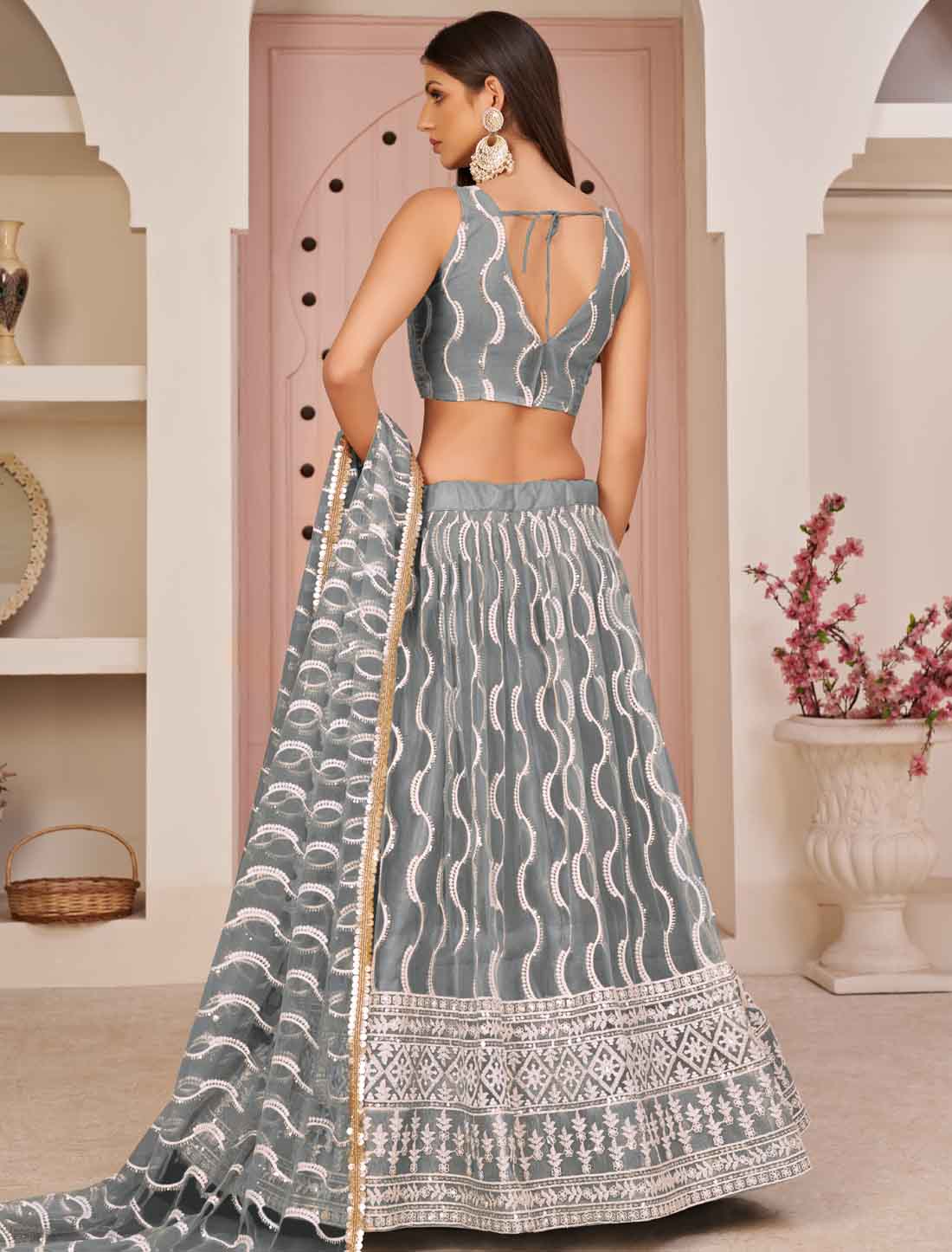 Butterfly Net Grey Embroidery Ethnic Semi-Stitched Lehenga Choli