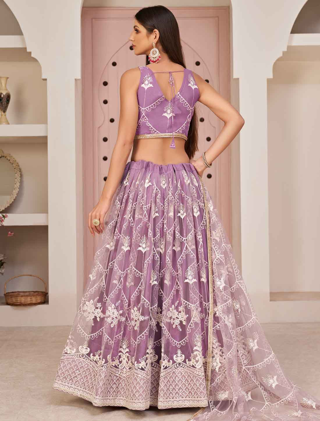 Designer Mono Net Zari Embroidery And Diamond Un-Stitched Lehenga Choli