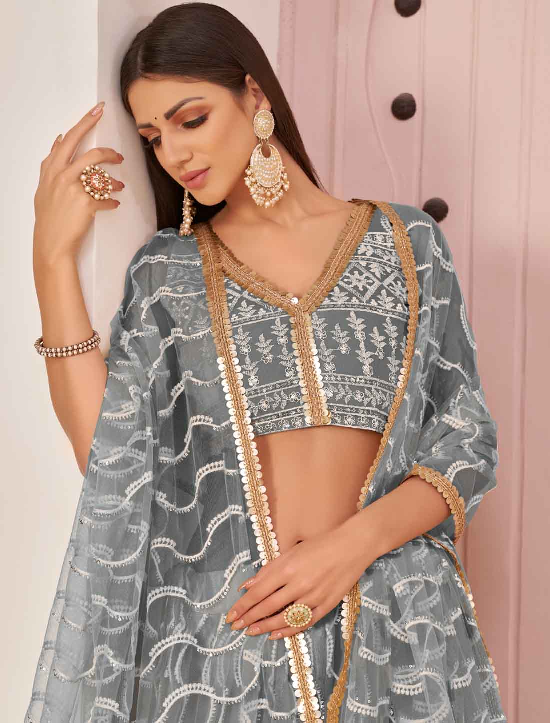 Butterfly Net Grey Embroidery Ethnic Semi-Stitched Lehenga Choli