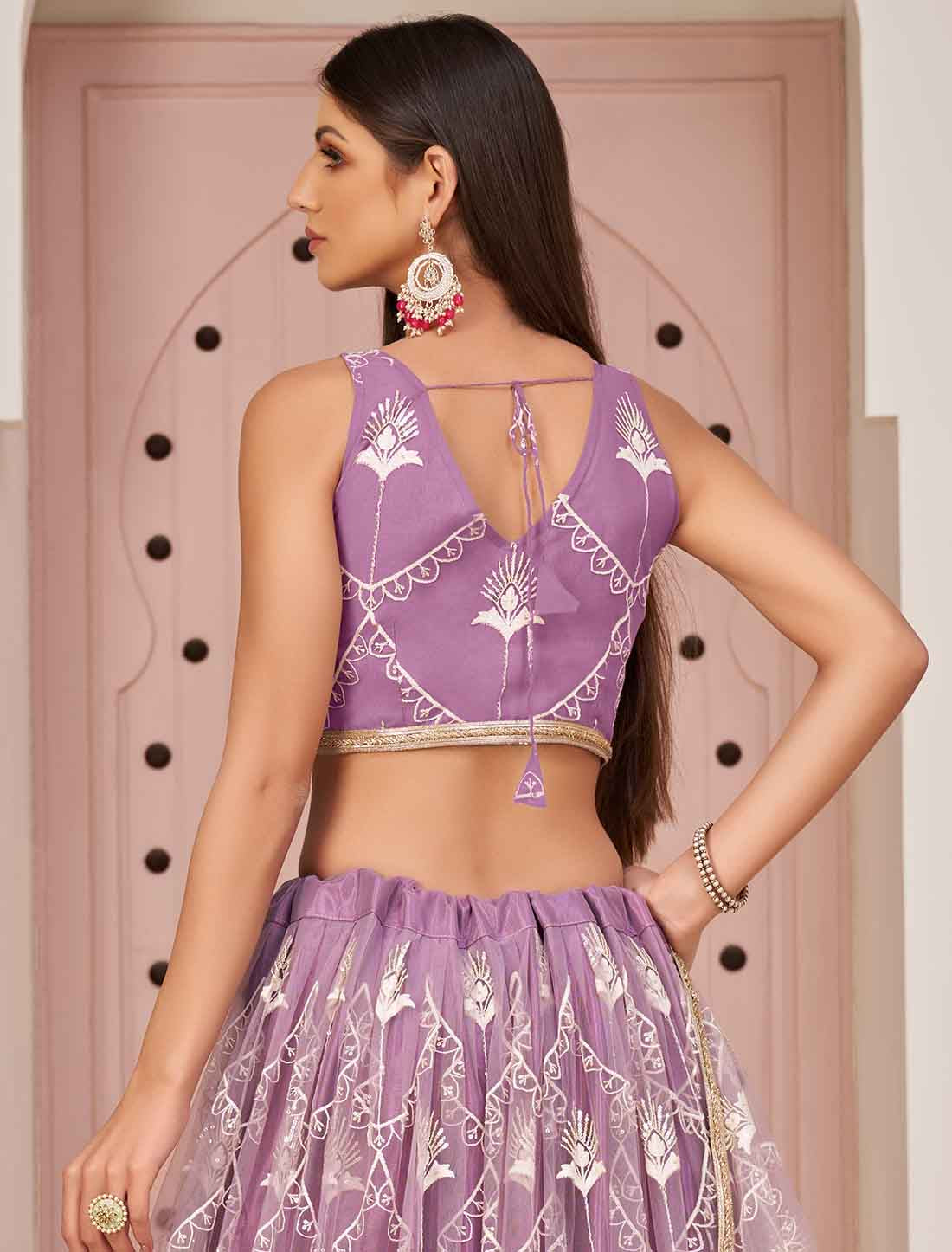 Designer Mono Net Zari Embroidery And Diamond Un-Stitched Lehenga Choli