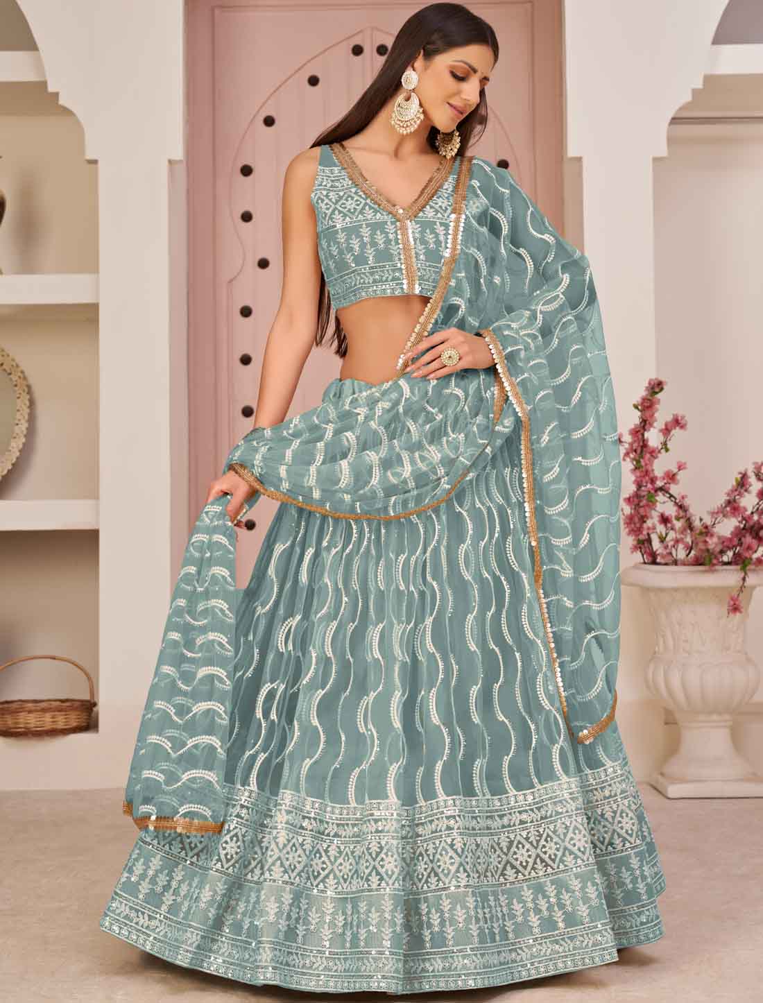 Butterfly Net Ethnic Sea Blue Embroidery Semi-Stitched Lehenga Choli