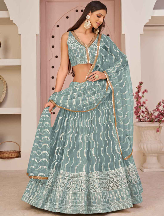 Ethnic Sea Blue Embroidery Semi-Stitched Lehenga Choli
