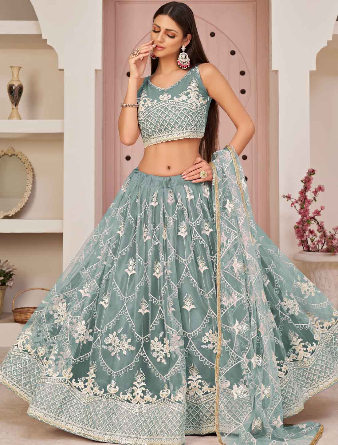 Bridal Look Butterfly Net Embroidery Semi-Stitched Lehenga Choli