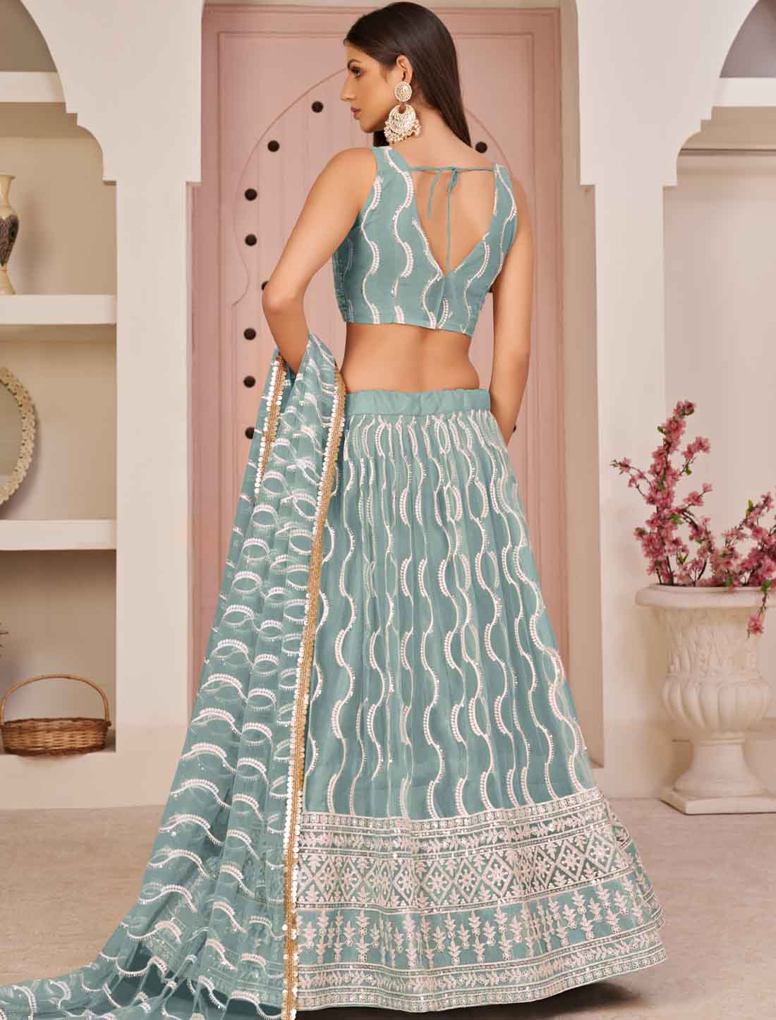 Butterfly Net Ethnic Sea Blue Embroidery Semi-Stitched Lehenga Choli