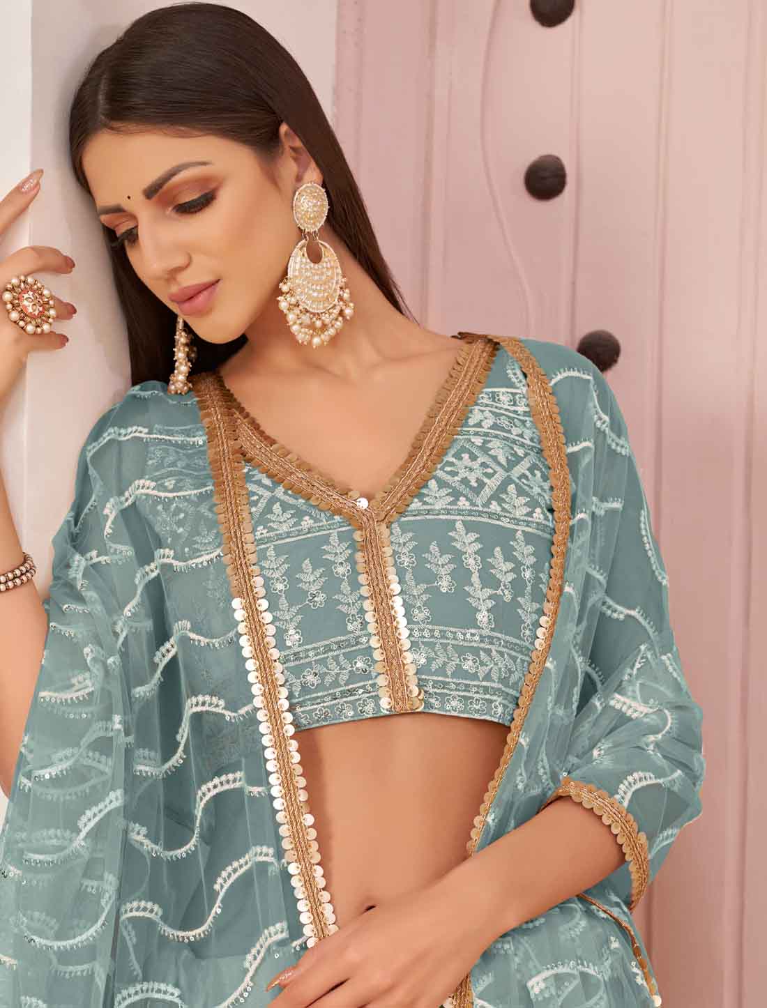 Butterfly Net Ethnic Sea Blue Embroidery Semi-Stitched Lehenga Choli