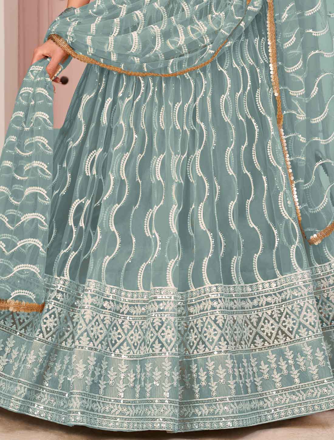 Butterfly Net Ethnic Sea Blue Embroidery Semi-Stitched Lehenga Choli