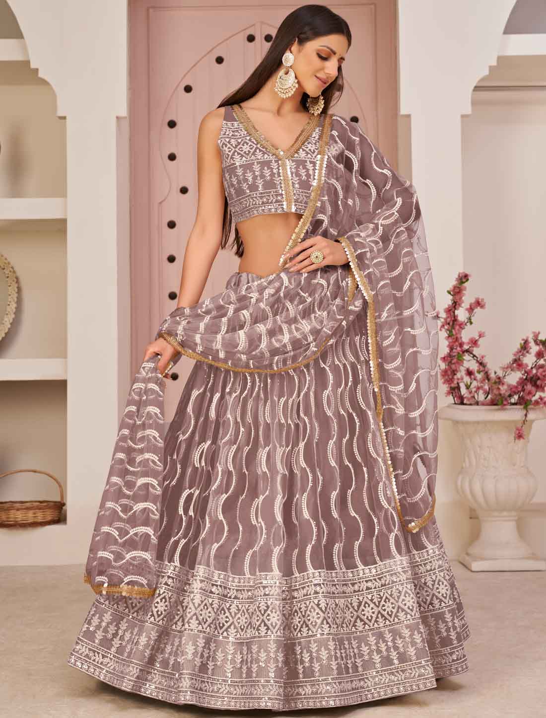 Butterfly Dusty Peach Net Embroidery Semi-Stitched Ethnic Lehenga Choli