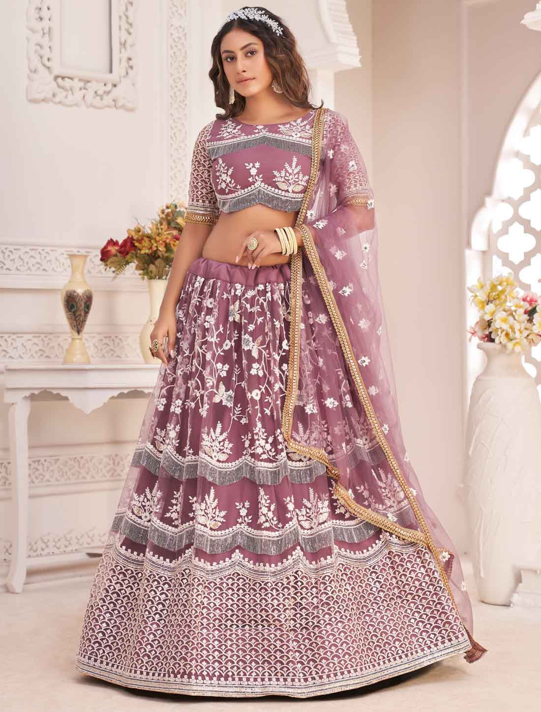 Dark Pink Butterfly Net Embroidery Semi-Stitched Ethnic Lehenga Choli