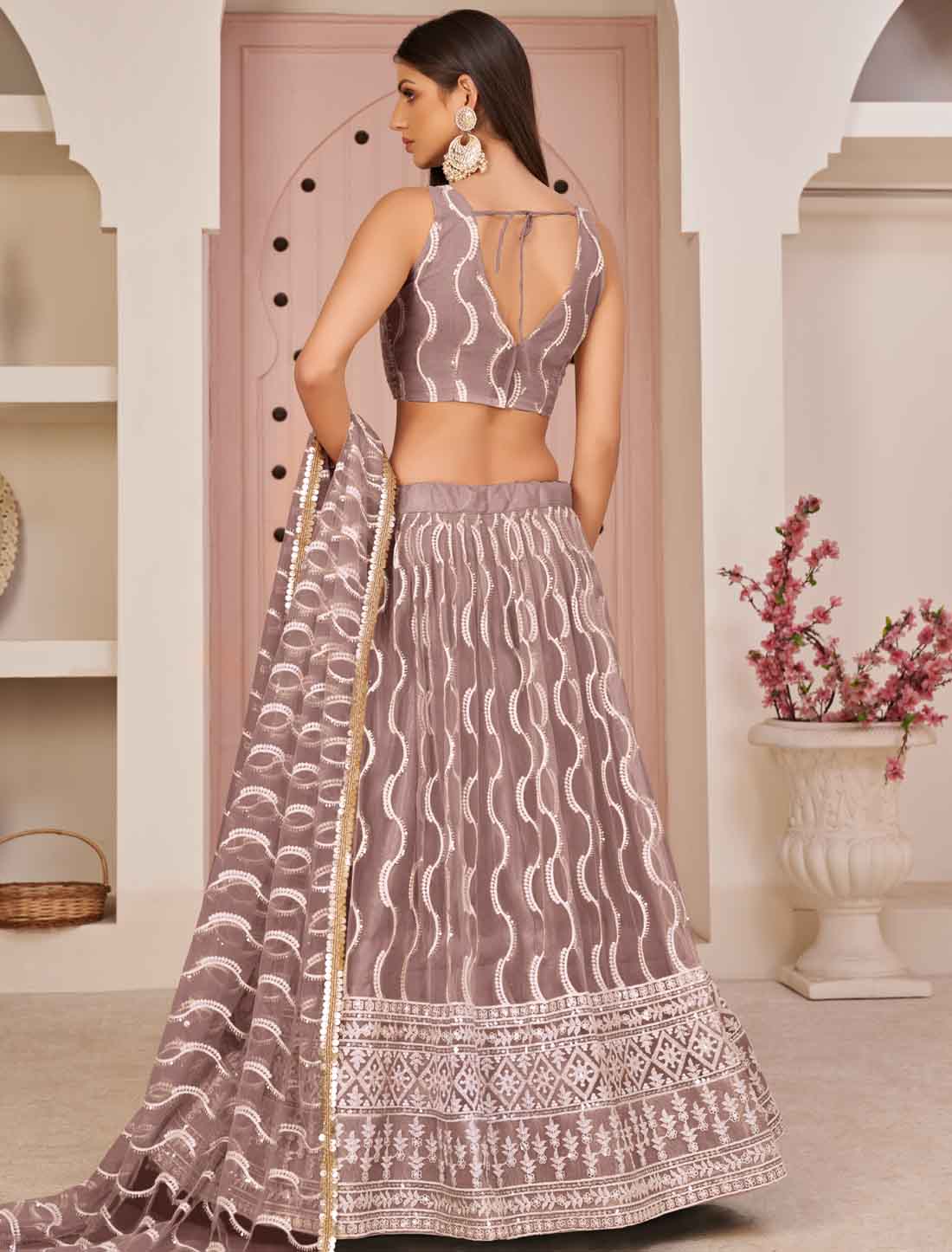 Butterfly Dusty Peach Net Embroidery Semi-Stitched Ethnic Lehenga Choli