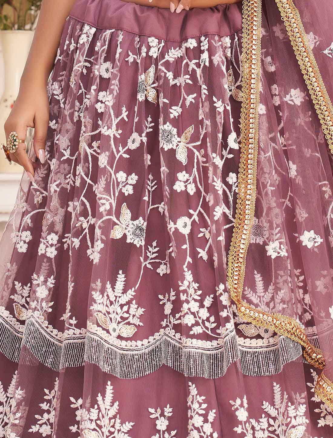 Dark Pink Butterfly Net Embroidery Semi-Stitched Ethnic Lehenga Choli