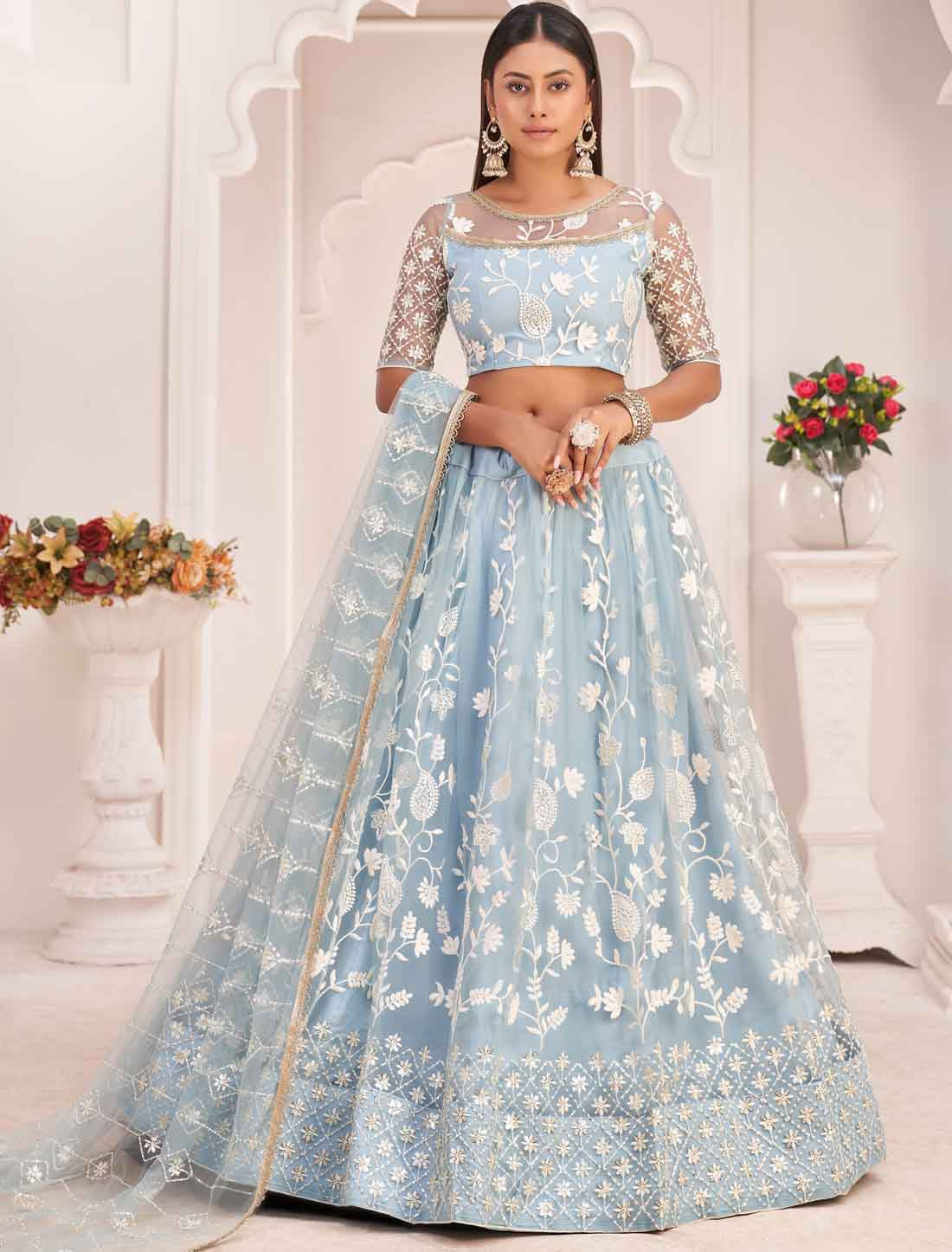 Ethnic Blue Butterfly Net Embroidery Semi-Stitched Ethnic Lehenga Choli