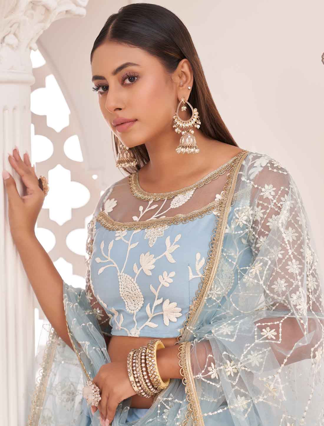 Ethnic Blue Butterfly Net Embroidery Semi-Stitched Ethnic Lehenga Choli
