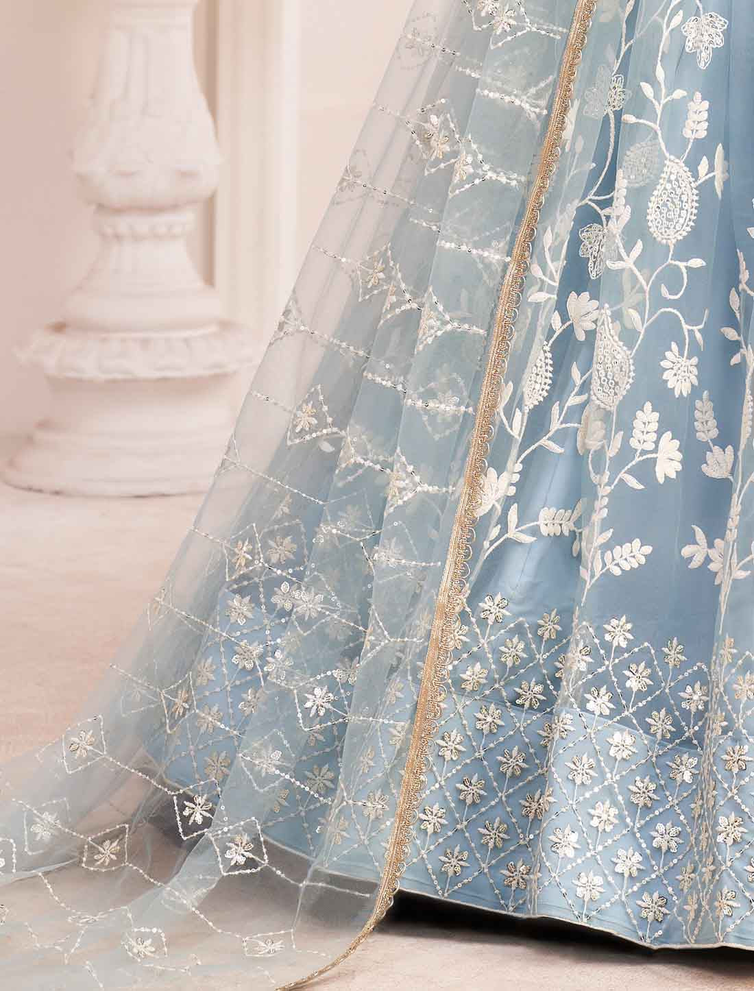 Ethnic Blue Butterfly Net Embroidery Semi-Stitched Ethnic Lehenga Choli
