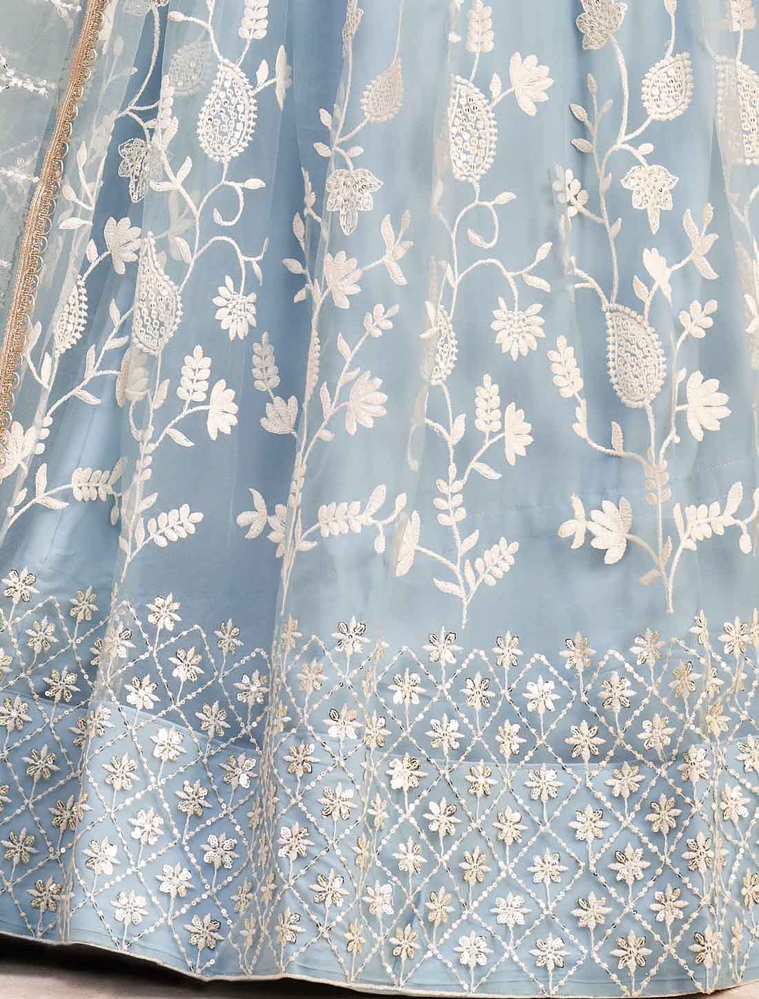 Ethnic Blue Butterfly Net Embroidery Semi-Stitched Ethnic Lehenga Choli
