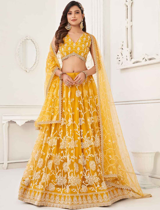 Yellow Bridal Butterfly Net Embroidery Semi-Stitched Lehenga Choli