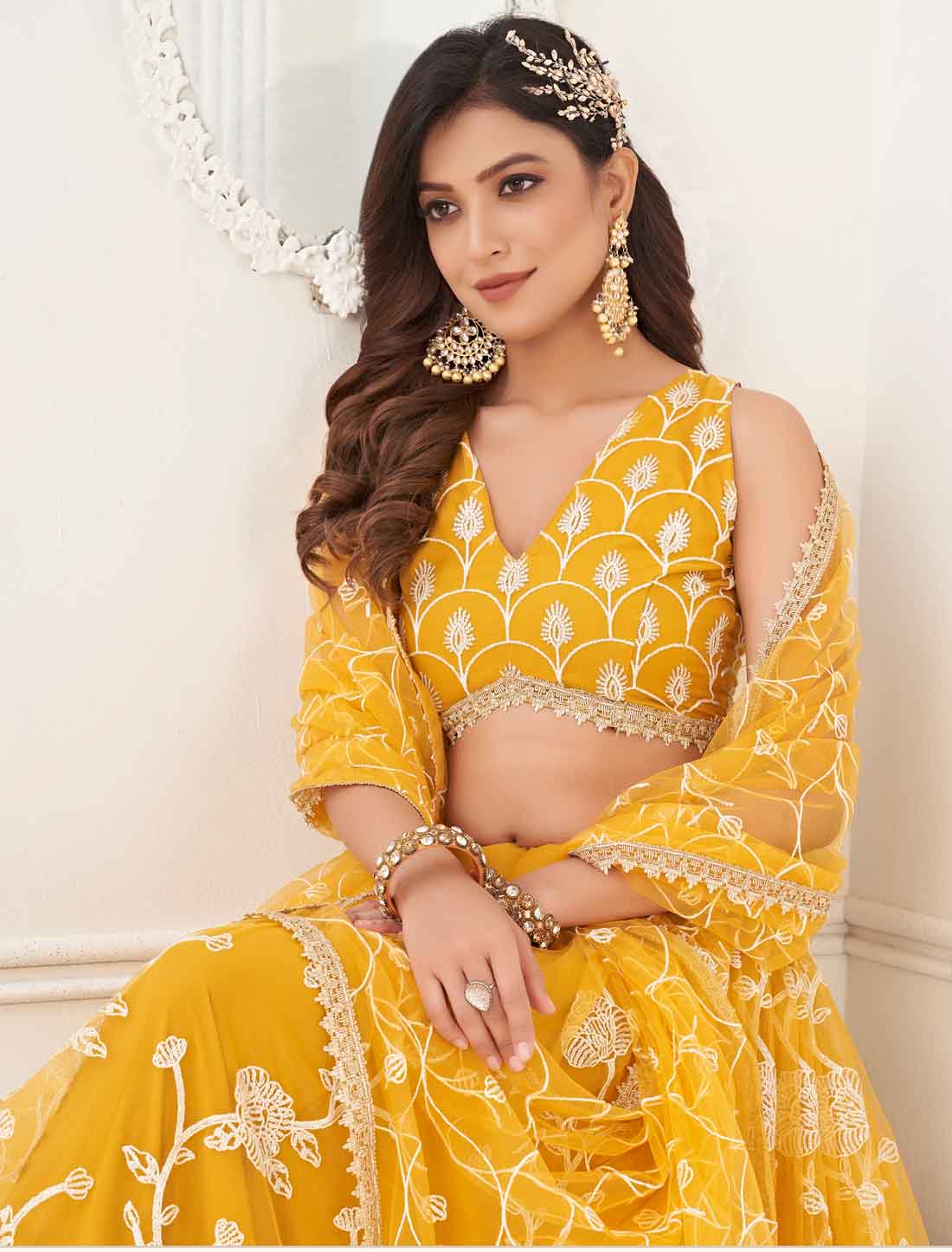 Yellow Bridal Butterfly Net Embroidery Semi-Stitched Lehenga Choli