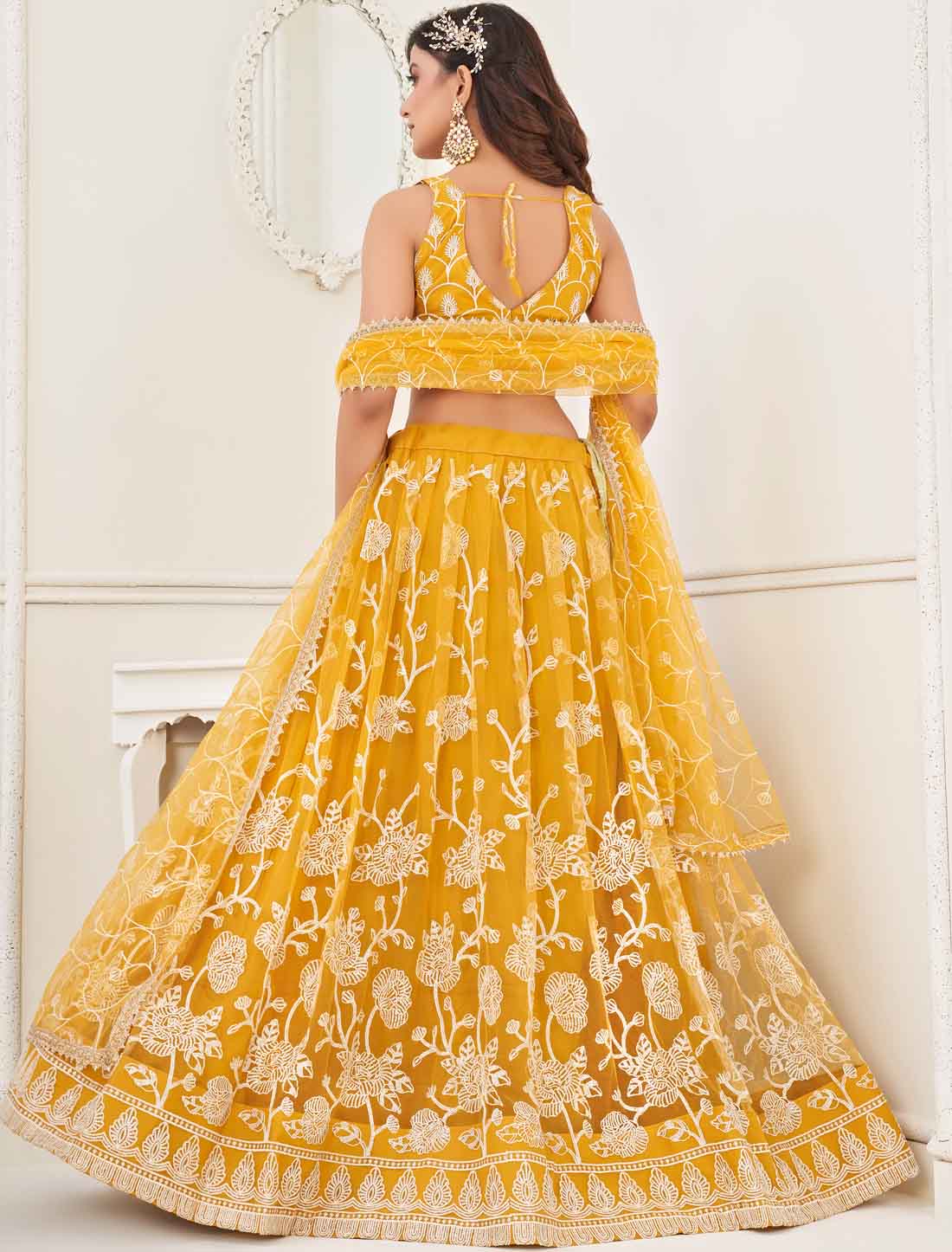 Yellow Bridal Butterfly Net Embroidery Semi-Stitched Lehenga Choli