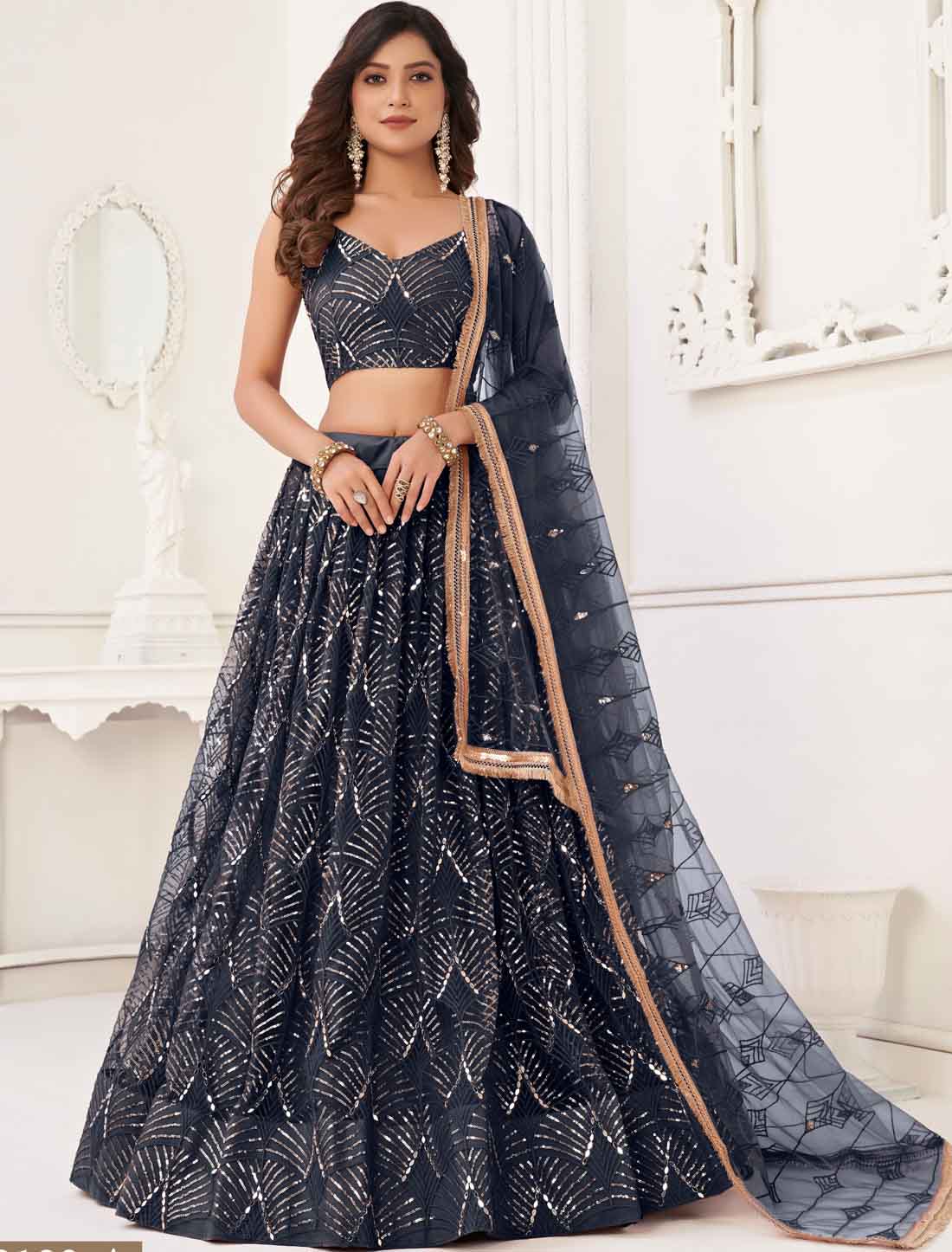 Dark Blue Ethnic Butterfly Net Embroidery Semi-Stitched Lehenga Choli