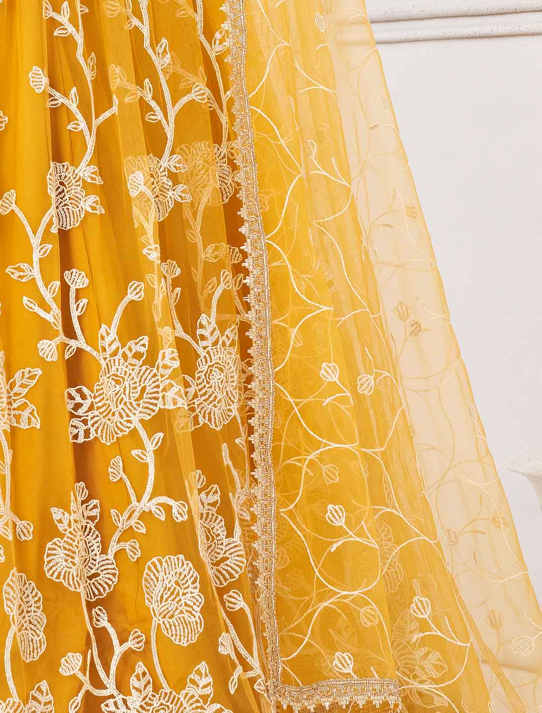 Yellow Bridal Butterfly Net Embroidery Semi-Stitched Lehenga Choli