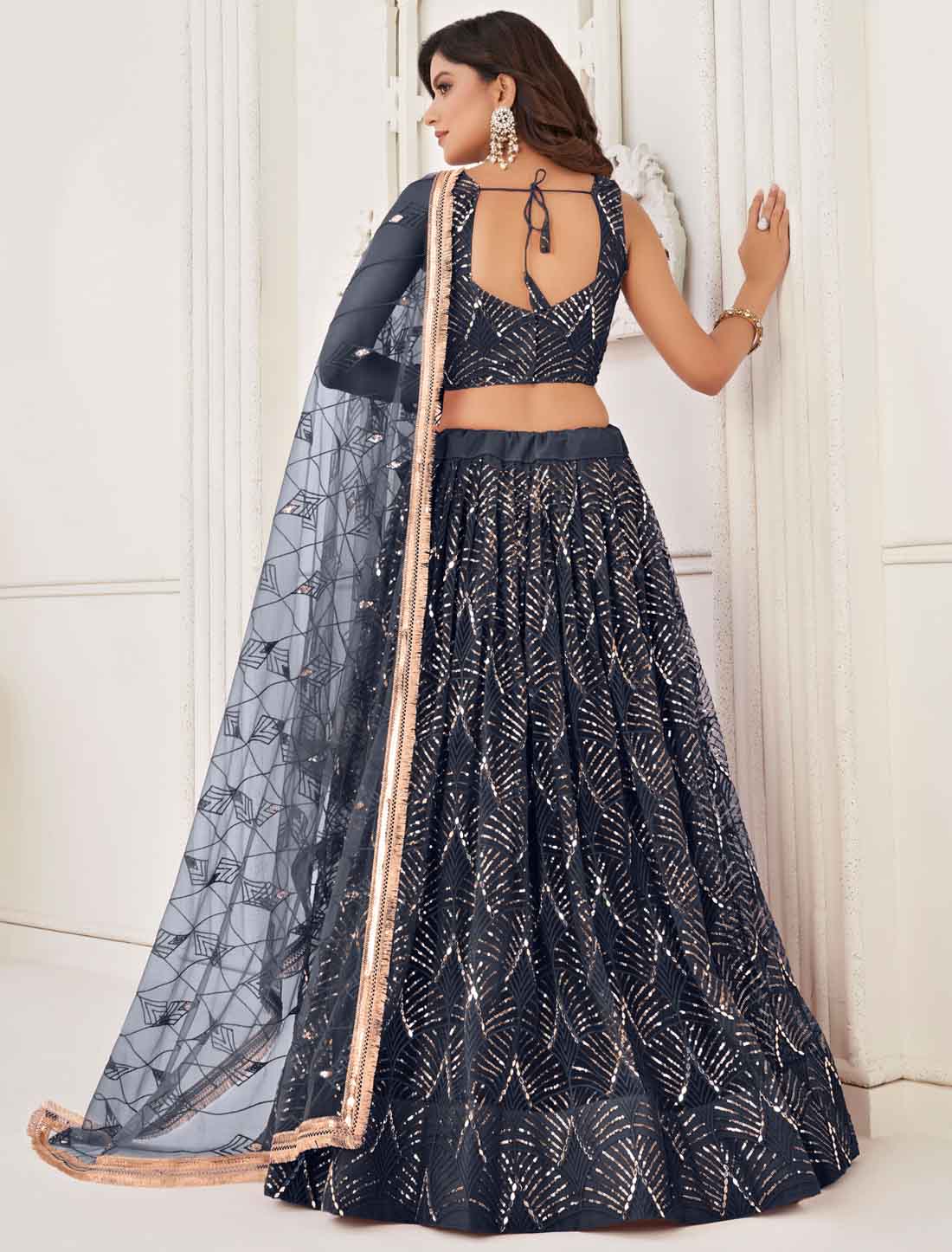 Dark Blue Ethnic Butterfly Net Embroidery Semi-Stitched Lehenga Choli