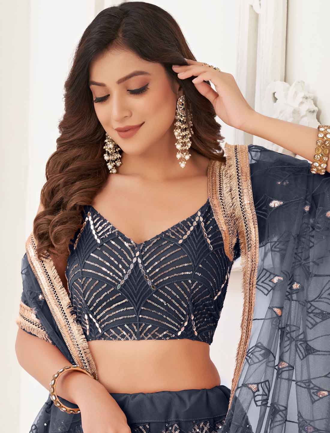 Dark Blue Ethnic Butterfly Net Embroidery Semi-Stitched Lehenga Choli