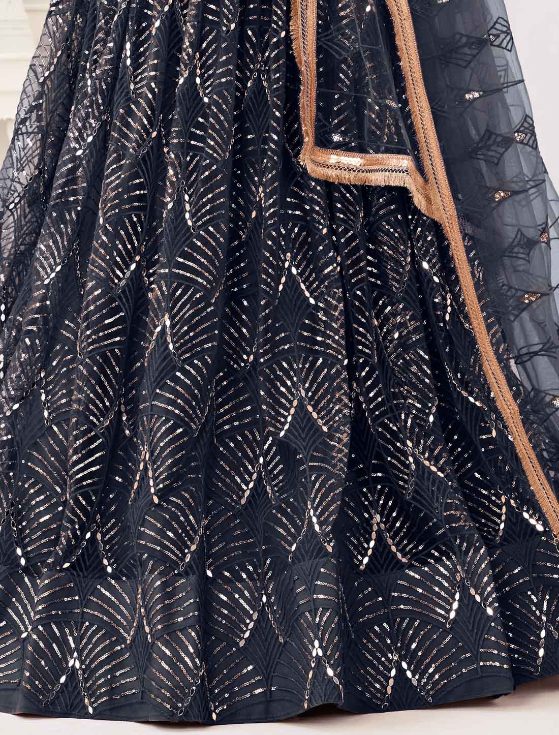 Dark Blue Ethnic Butterfly Net Embroidery Semi-Stitched Lehenga Choli