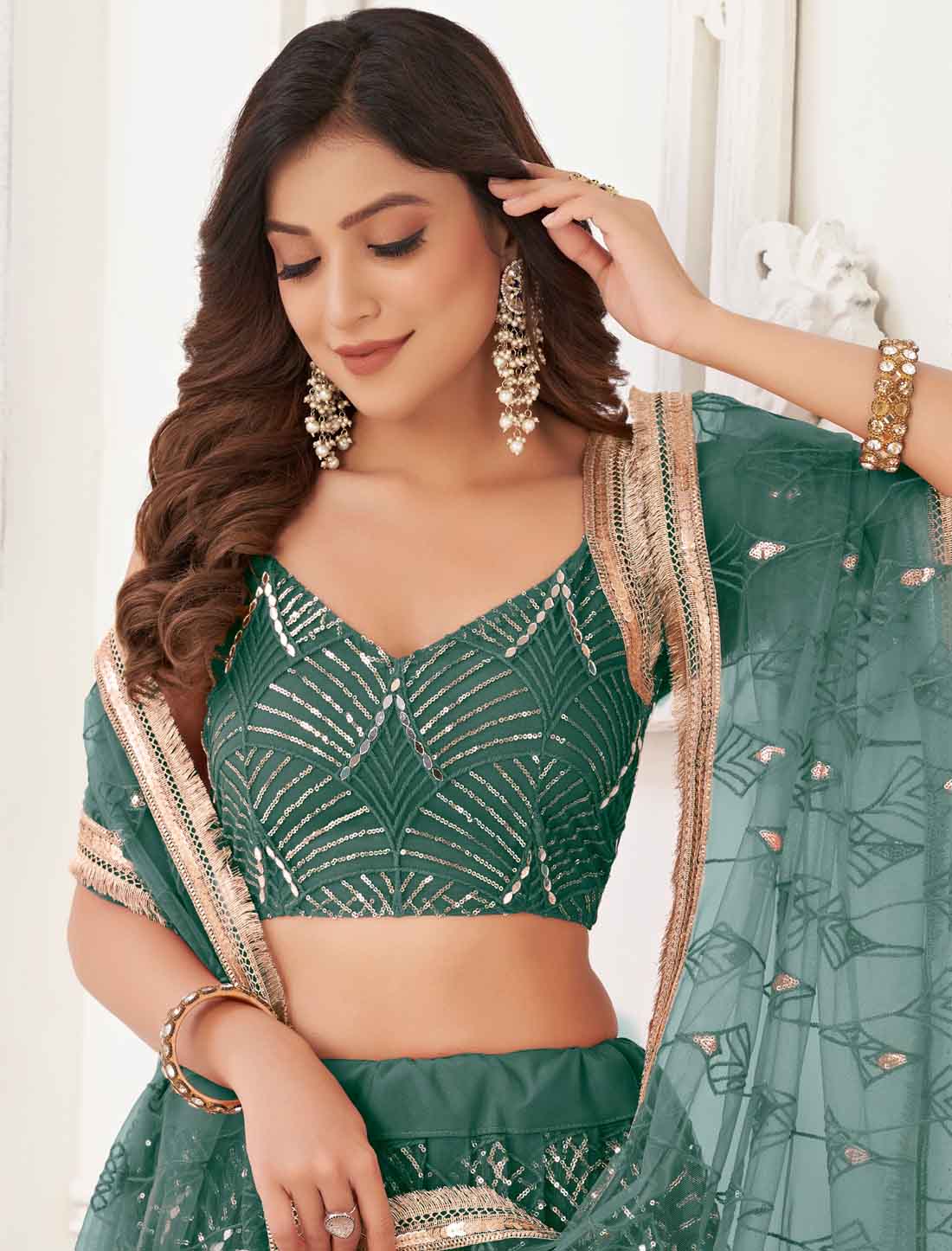Ethnic Sea Blue Butterfly Net Embroidery Semi-Stitched Lehenga Choli