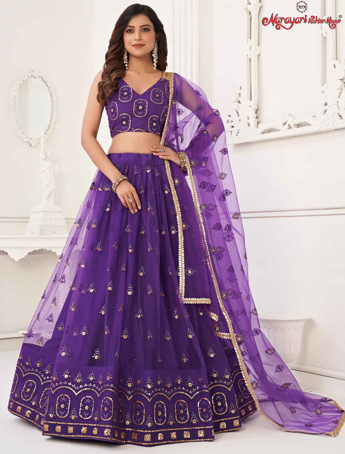 Bridal Purple Butterfly Net Embroidery Semi-Stitched Lehenga Choli