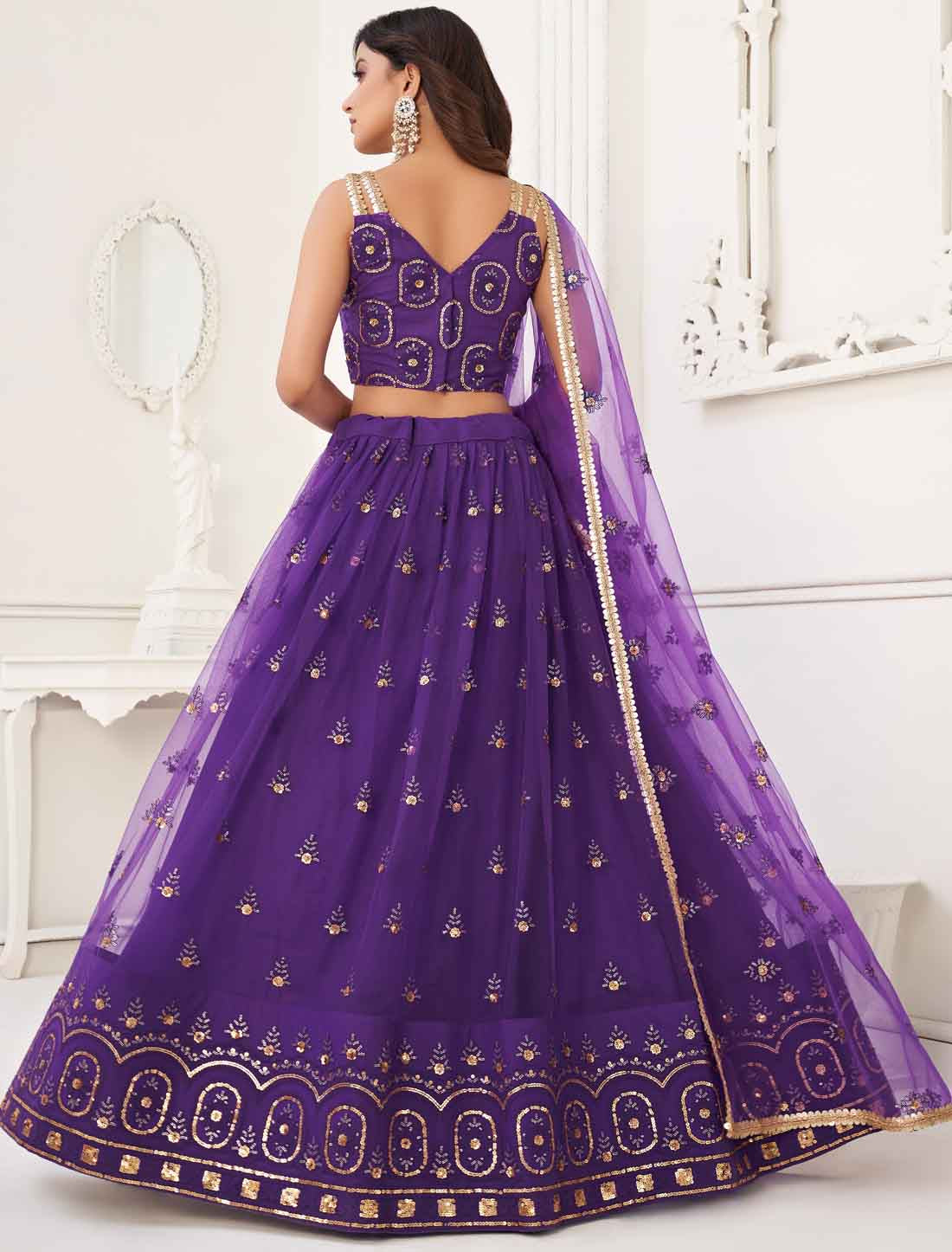 Bridal Purple Butterfly Net Embroidery Semi-Stitched Lehenga Choli