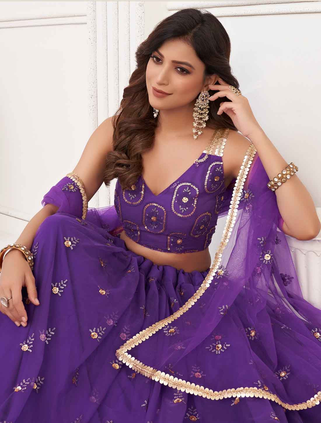 Bridal Purple Butterfly Net Embroidery Semi-Stitched Lehenga Choli