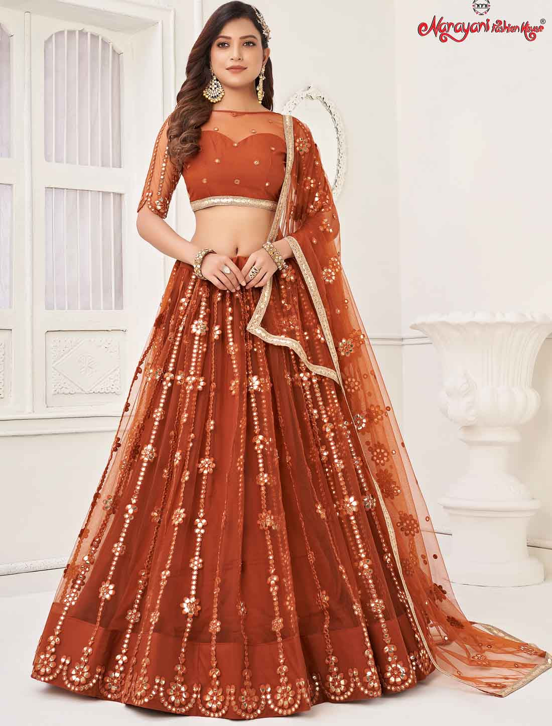 Orange Bridal Butterfly Net Embroidery Semi-Stitched Lehenga Choli