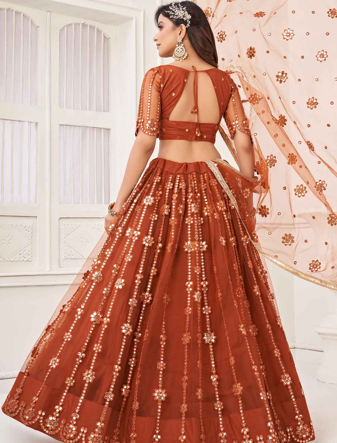 Orange Bridal Butterfly Net Embroidery Semi-Stitched Lehenga Choli