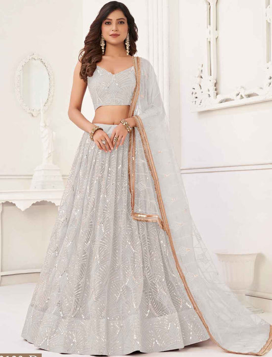 White Ethnic Embroidery Semi-Stitched Lehenga Choli