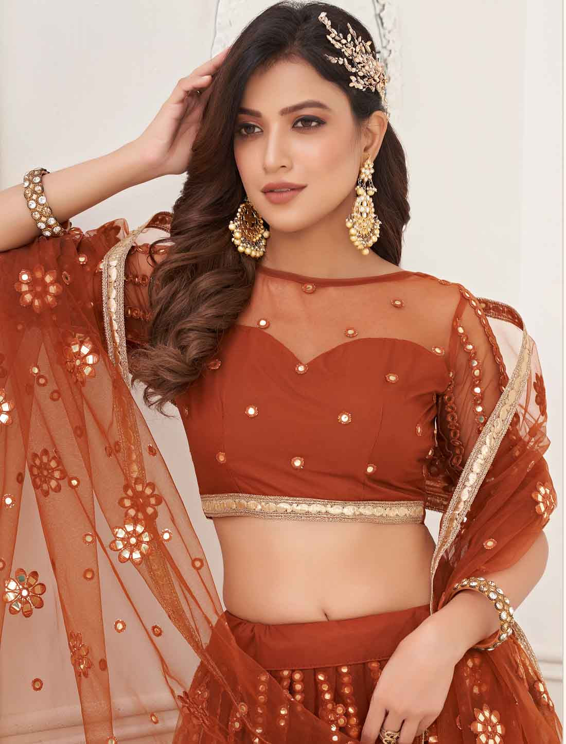 Orange Bridal Butterfly Net Embroidery Semi-Stitched Lehenga Choli