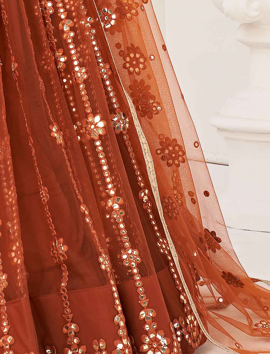 Orange Bridal Butterfly Net Embroidery Semi-Stitched Lehenga Choli