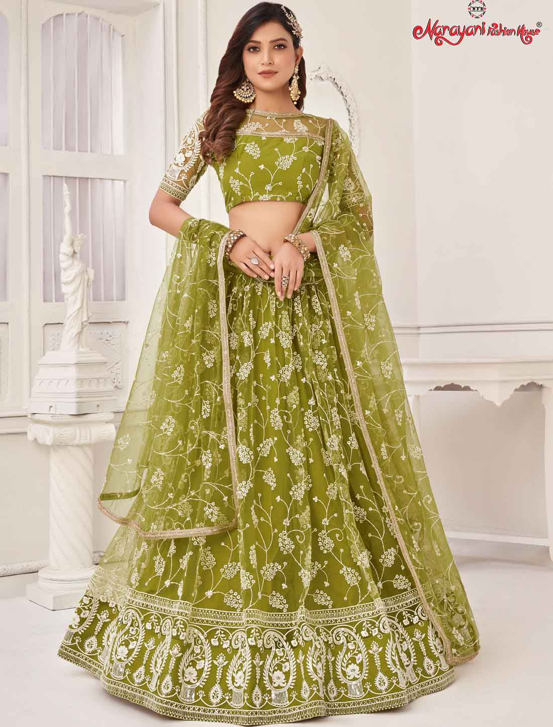 Bridal Butterfly Net Green Embroidery Semi-Stitched Lehenga Choli