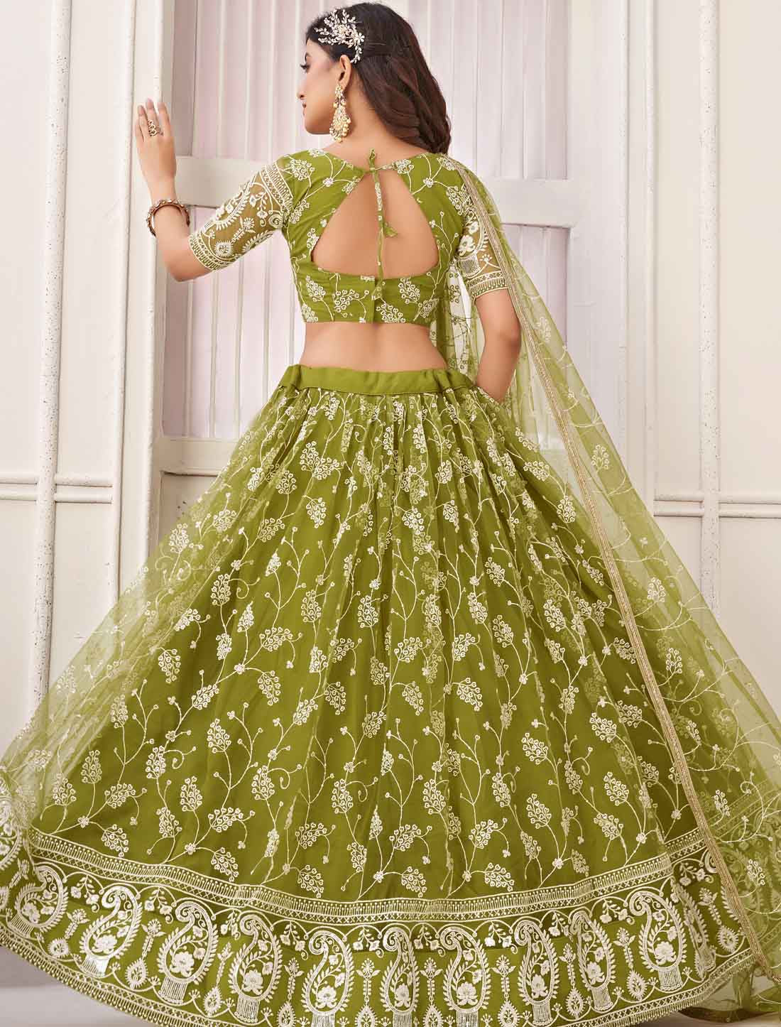 Bridal Butterfly Net Green Embroidery Semi-Stitched Lehenga Choli