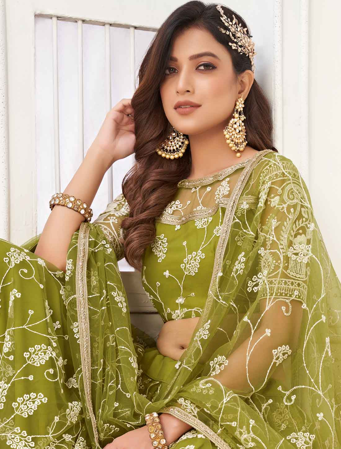Bridal Butterfly Net Green Embroidery Semi-Stitched Lehenga Choli