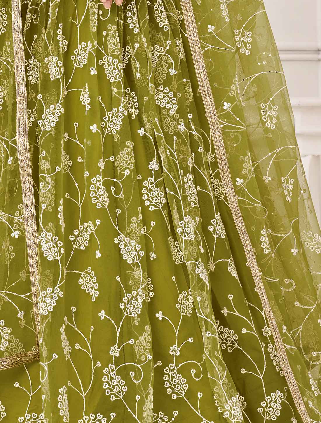 Bridal Butterfly Net Green Embroidery Semi-Stitched Lehenga Choli