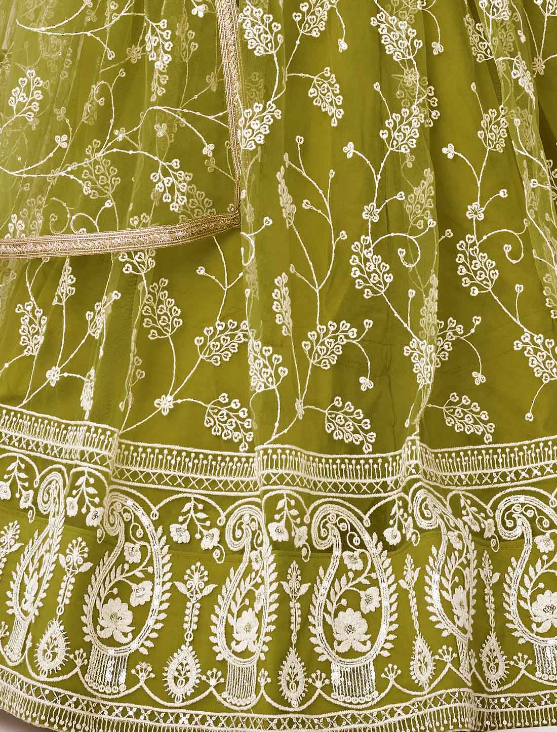 Bridal Butterfly Net Green Embroidery Semi-Stitched Lehenga Choli