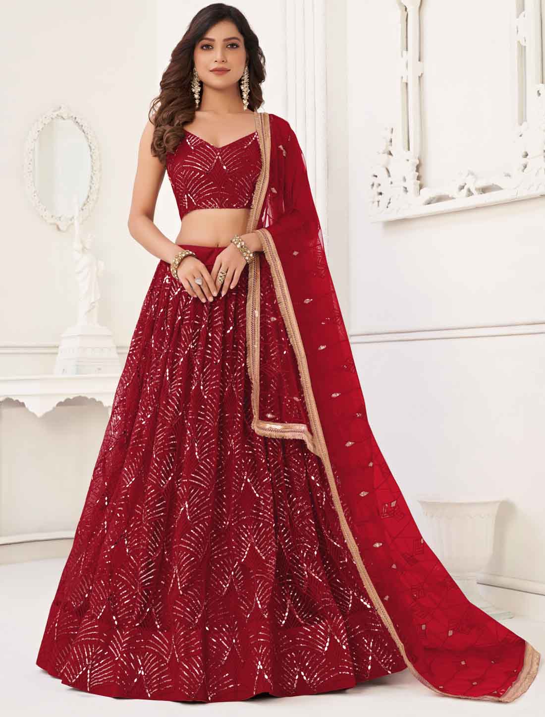 Ethnic Red Embroidery Semi-Stitched Lehenga Choli