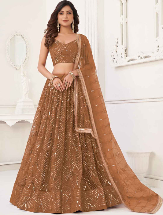 Dusty Brown Butterfly Net Ethnic Embroidery Semi-Stitched Lehenga Choli
