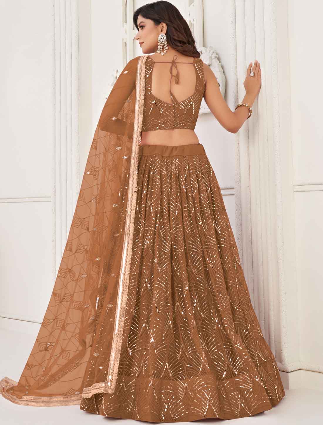 Dusty Brown Butterfly Net Ethnic Embroidery Semi-Stitched Lehenga Choli