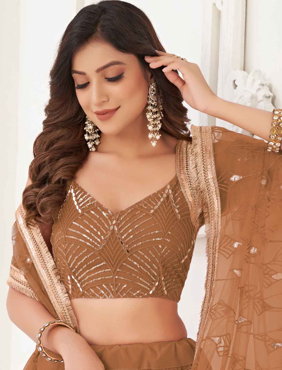 Dusty Brown Butterfly Net Ethnic Embroidery Semi-Stitched Lehenga Choli