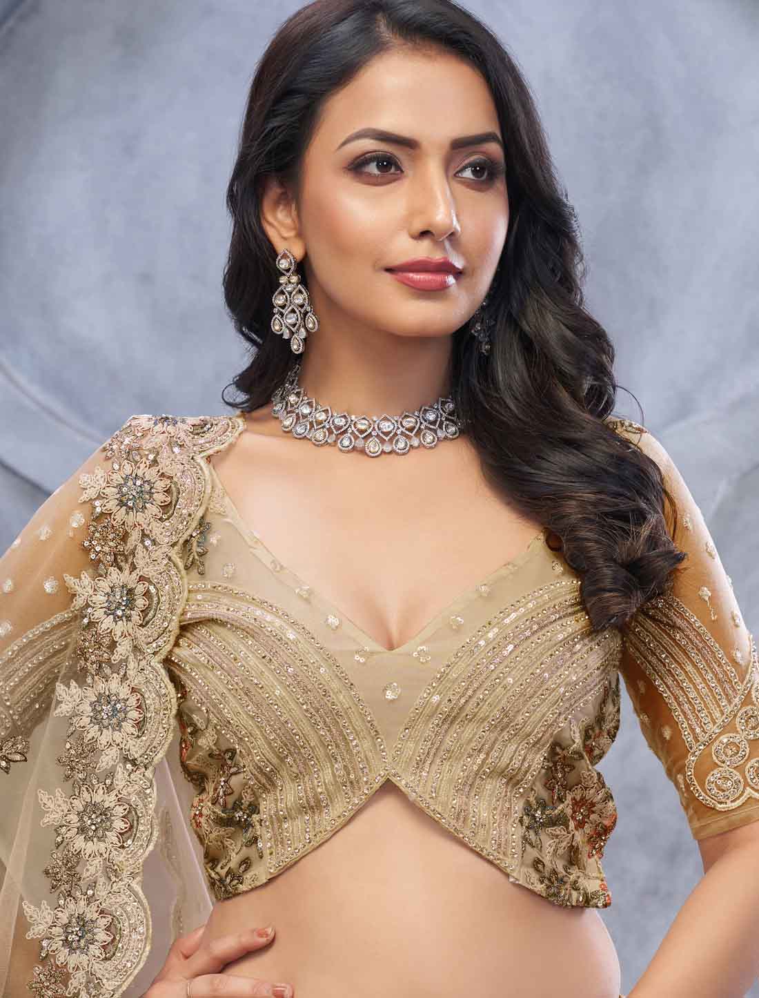 Ethnic Alluring Bel Butti pattern Golden Sangeet Lehenga Choli