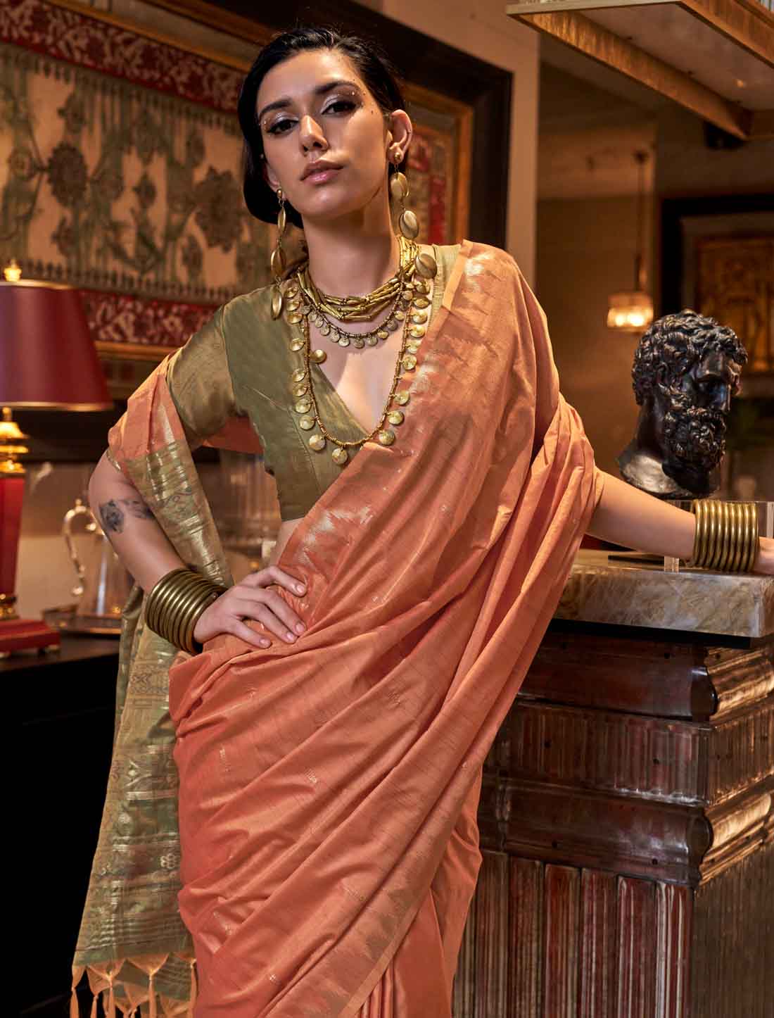 Luxurious Ethnic Tussar Silk Hadloom Weaving Designer Saree