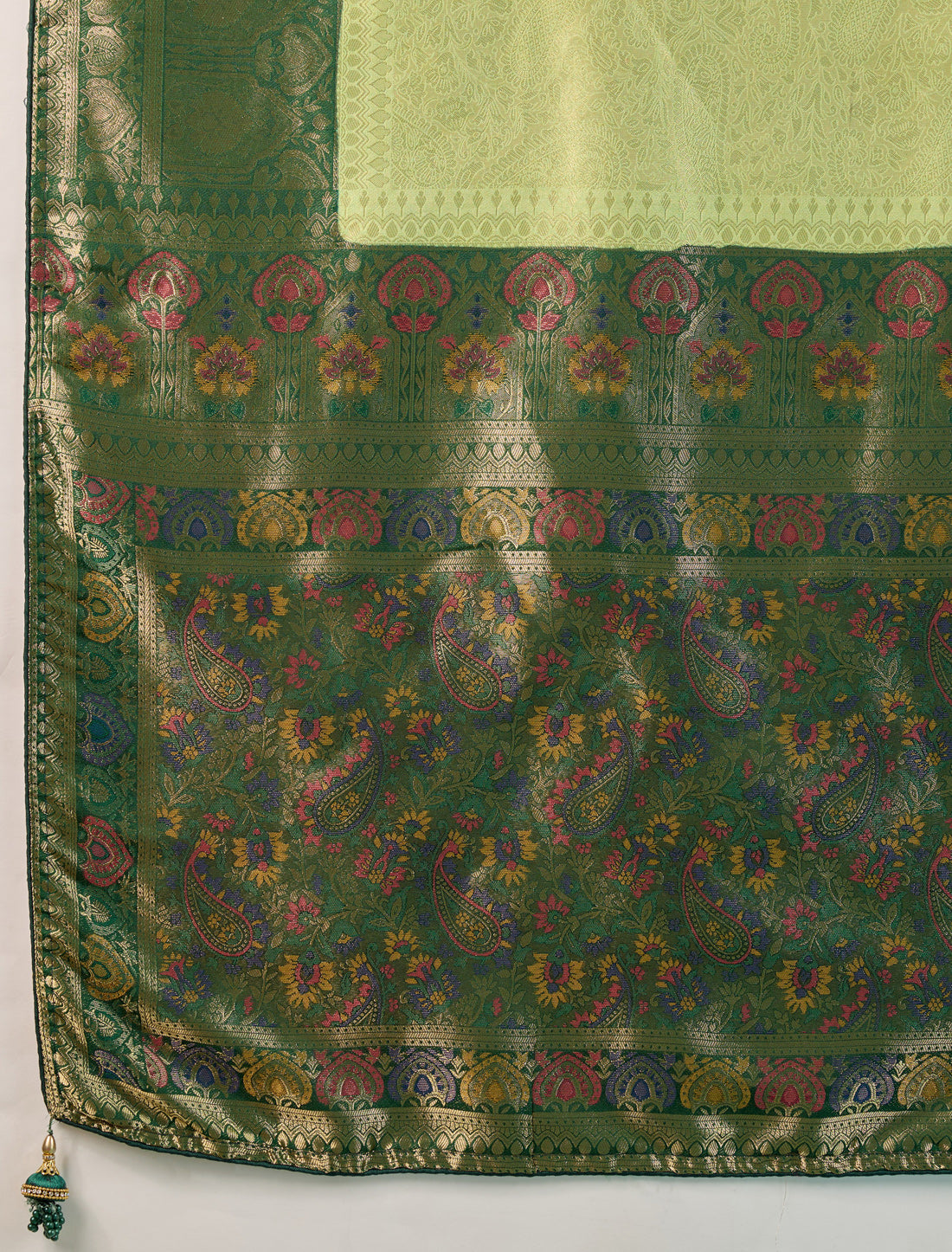 Pista Green Kanjivaram Silk Party Wear Zari Woven Meenakari Saree