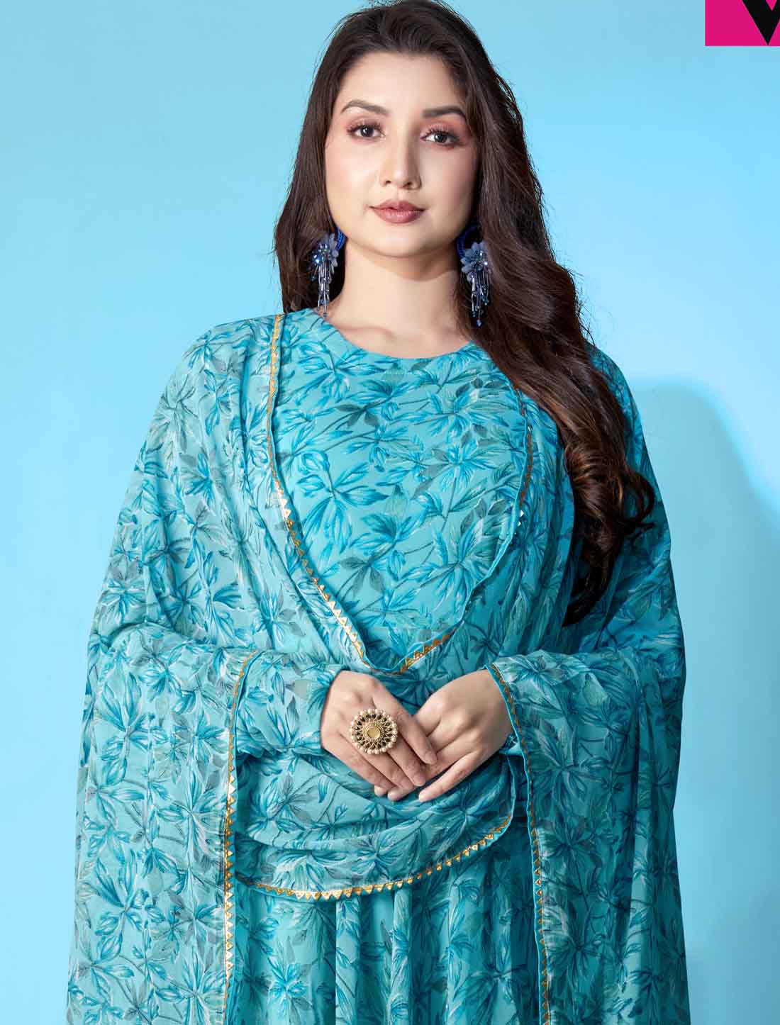 Blue Georgette Ethnic Floral Print Anarkali Long Kurta with Dupatta