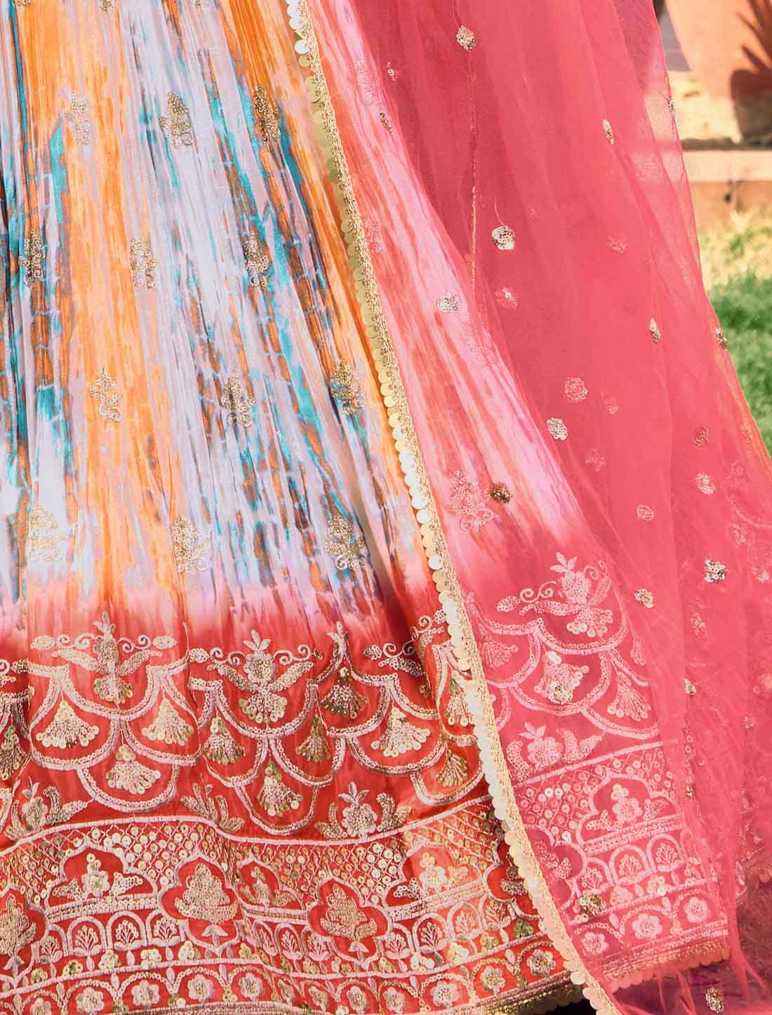 Pink Green Chinon With Embroidery Digital Print Ethnic Lehenga Choli